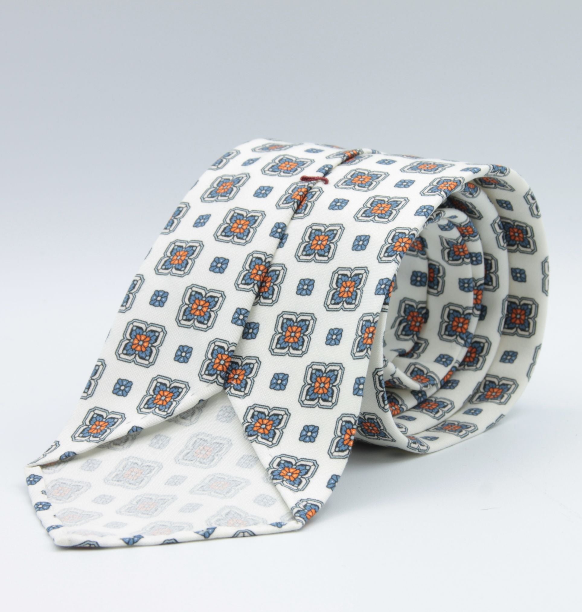 Cruciani & Bella 100% Printed Madder Silk  Italian fabric Unlined tie Off White, Blue and Orange Motifs Tie Handmade in Italy 8 cm x 150 cm #7685