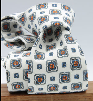 Cruciani & Bella 100% Printed Madder Silk  Italian fabric Unlined tie Off White, Blue and Orange Motifs Tie Handmade in Italy 8 cm x 150 cm #7685