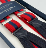 Albert Thurston for Cruciani & Bella Made in England Adjustable Sizing 25 mm elastic braces Red, Blue Stripes  Braid ends Y-Shaped Nickel  Fittings Size: XL