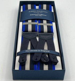 Albert Thurston for Cruciani & Bella Made in England Adjustable Sizing 35 mm Elastic Braces Blue, Light Blue and Grey  Stripes Braces Braid ends Y-Shaped Nickel Fittings Size: L