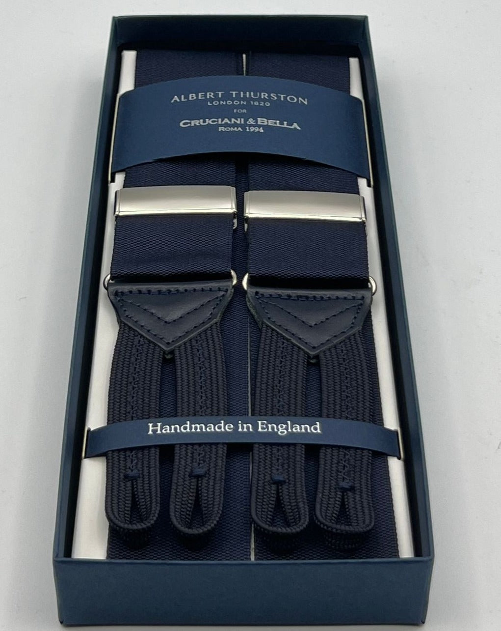 Albert Thurston for Cruciani & Bella Made in England Adjustable Sizing 40 mm Woven Barathea  Midnight blue  braces Braid ends Y-Shaped Nickel Fittings Size: XL