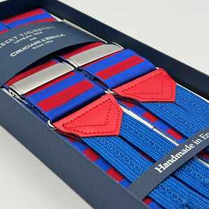 <ul> <li>Albert Thurston for Cruciani &amp; Bella</li> <li>Made in England</li> <li>Adjustable Sizing</li> <li>40 mm Woven Barathea&nbsp;</li> <li>Ocenan Blue and Red horizontal Stripes Braces</li> <li>Braid ends</li> <li>Y-Shaped</li> <li>Nickel Fittings</li> <li>MULTIFIT</li> </ul>