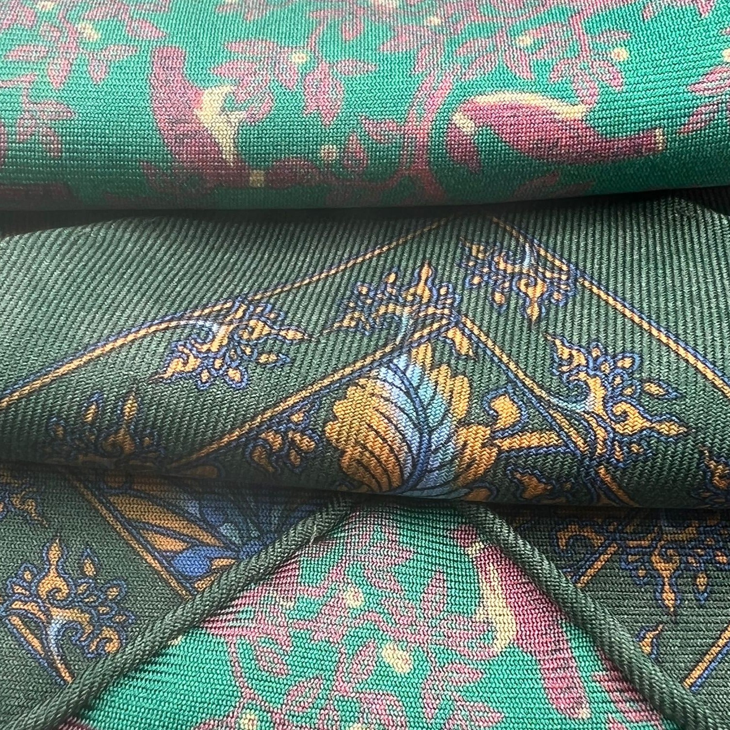 Cruciani & Bella - Silk -  Green, Ocra and Light Blue Double Patterned Motif Pocket Square