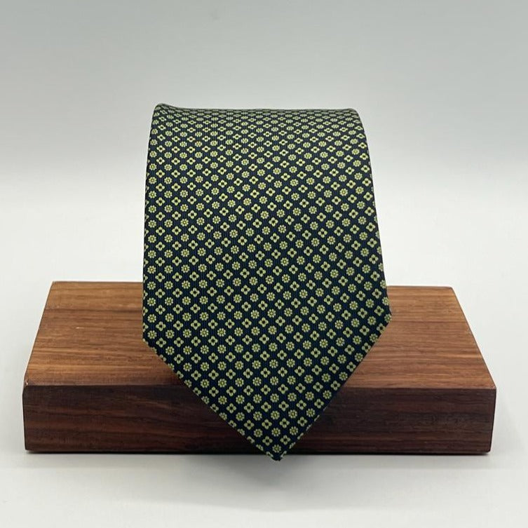 Drake's for Cruciani & Bella 36 oz Self-Tipped 100% Printed Silk Blue, Green Motif Tie Handmade in London. England 9 cm x 150 cm