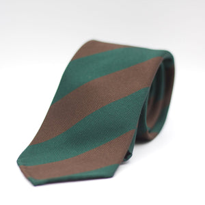 Cruciani & Bella 100% Silk Slim Shape Jacquard  Unlined Regimental "7th Batt. Sherwood Foresters" Brown and Green stripes tie Handmade in Italy 8 cm x 150 cm
