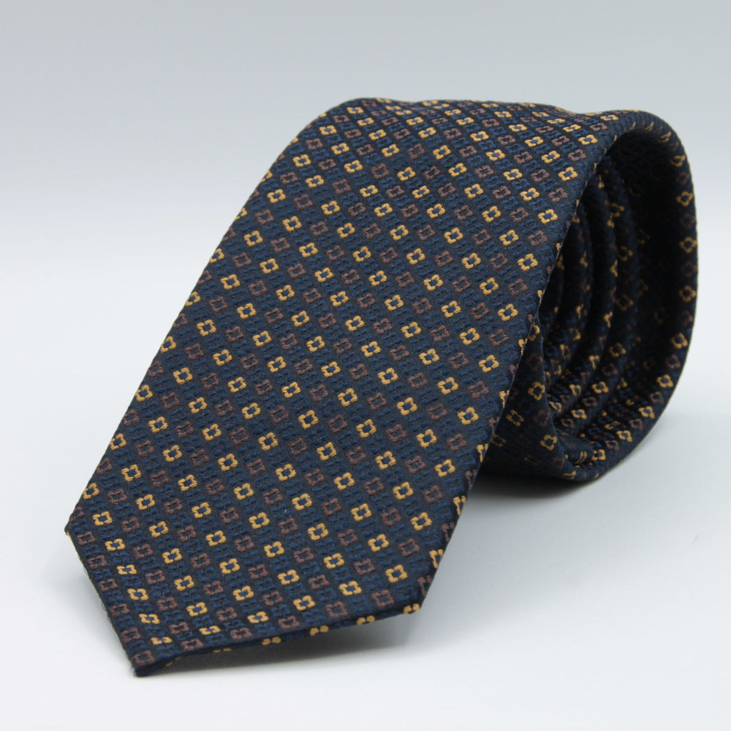Cruciani &amp; Bella 100% Woven Jacquard Silk Unlined Seven Folds Blue, Yellow and Brown Motif Tie Handmade in Italy 7,5 cm x 148 cm #8728