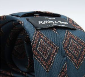 Holliday &amp; Brown for Cruciani &amp; Bella
100% printed Madder Silk
Self Tipped
Denim Blue, Brown, Dark Blue and Yellow motif Tie
Handmade in Italy
8 cm x 150 cm
#8955