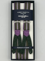 Albert Thurston for Cruciani & Bella Made in England Adjustable Sizing 25 mm elastic braces Green,Lilac and White Stripes  Braid ends Y-Shaped Nickel  Fittings Size: XL