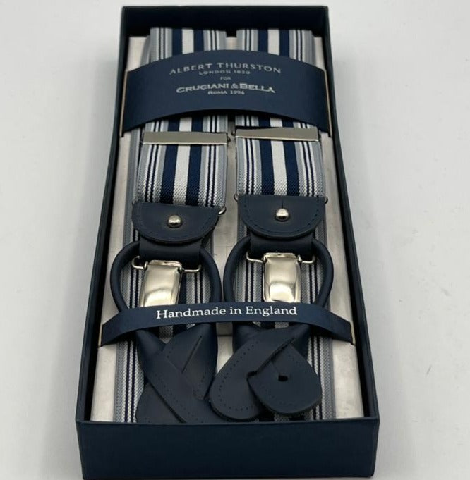 Albert Thurston for Cruciani & Bella Made in England 2 in 1 Adjustable Sizing 35 mm elastic braces Blue, Grey and White stripes  Y-Shaped Nickel Fittings Size Large