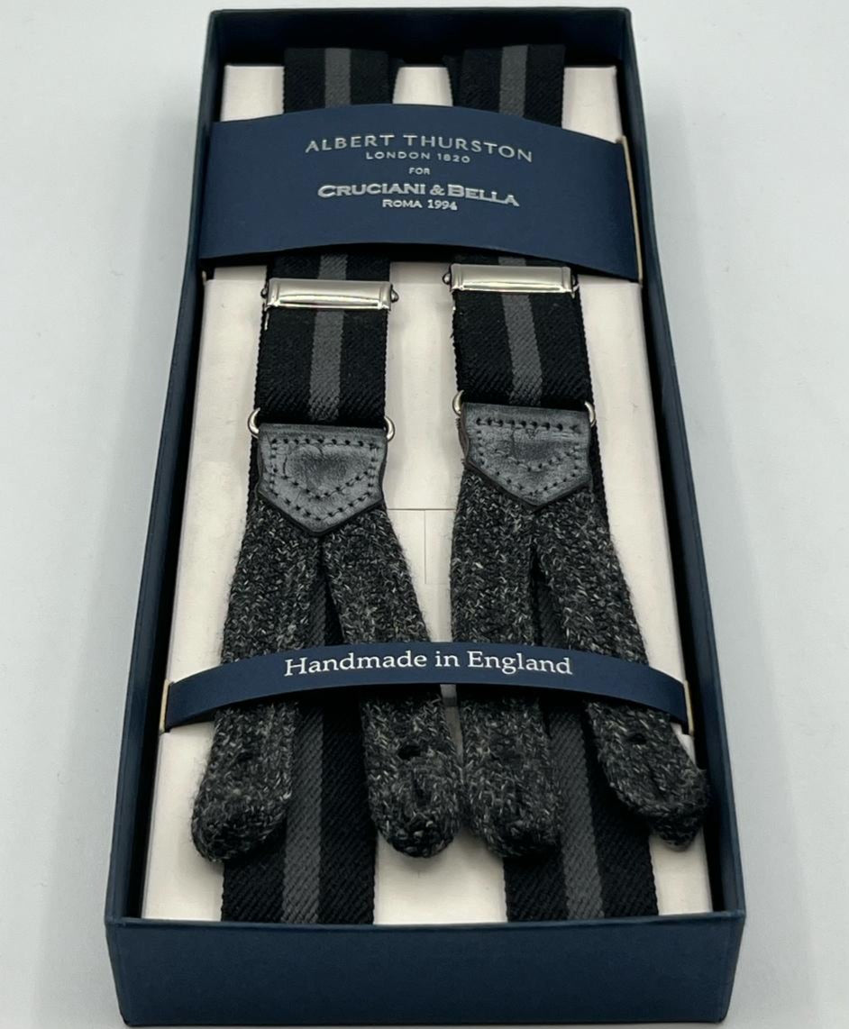 Albert Thurston for Cruciani & Bella Made in England Adjustable Sizing 25 mm elastic braces Black and Grey Stripe Braid ends Y-Shaped Nickel Fittings Size: L