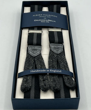 Albert Thurston for Cruciani & Bella Made in England Adjustable Sizing 25 mm elastic braces Black and Grey Stripe Braid ends Y-Shaped Nickel Fittings Size: L