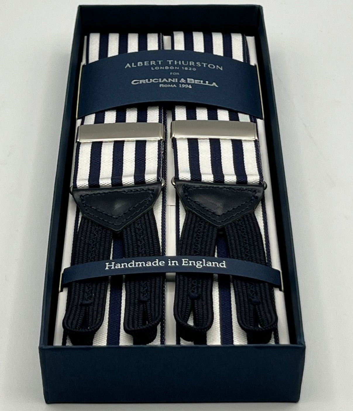 Albert Thurston for Cruciani & Bella Made in England Adjustable Sizing 40 mm Woven Barathea  Blue and White Stripes Braces Braid ends Y-Shaped Nickel Fittings Size: XL