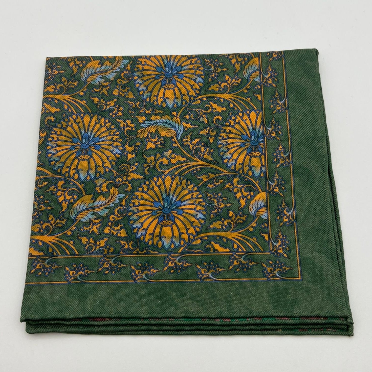 Cruciani & Bella - Silk -  Green, Ocra and Light Blue Double Patterned Motif Pocket Square