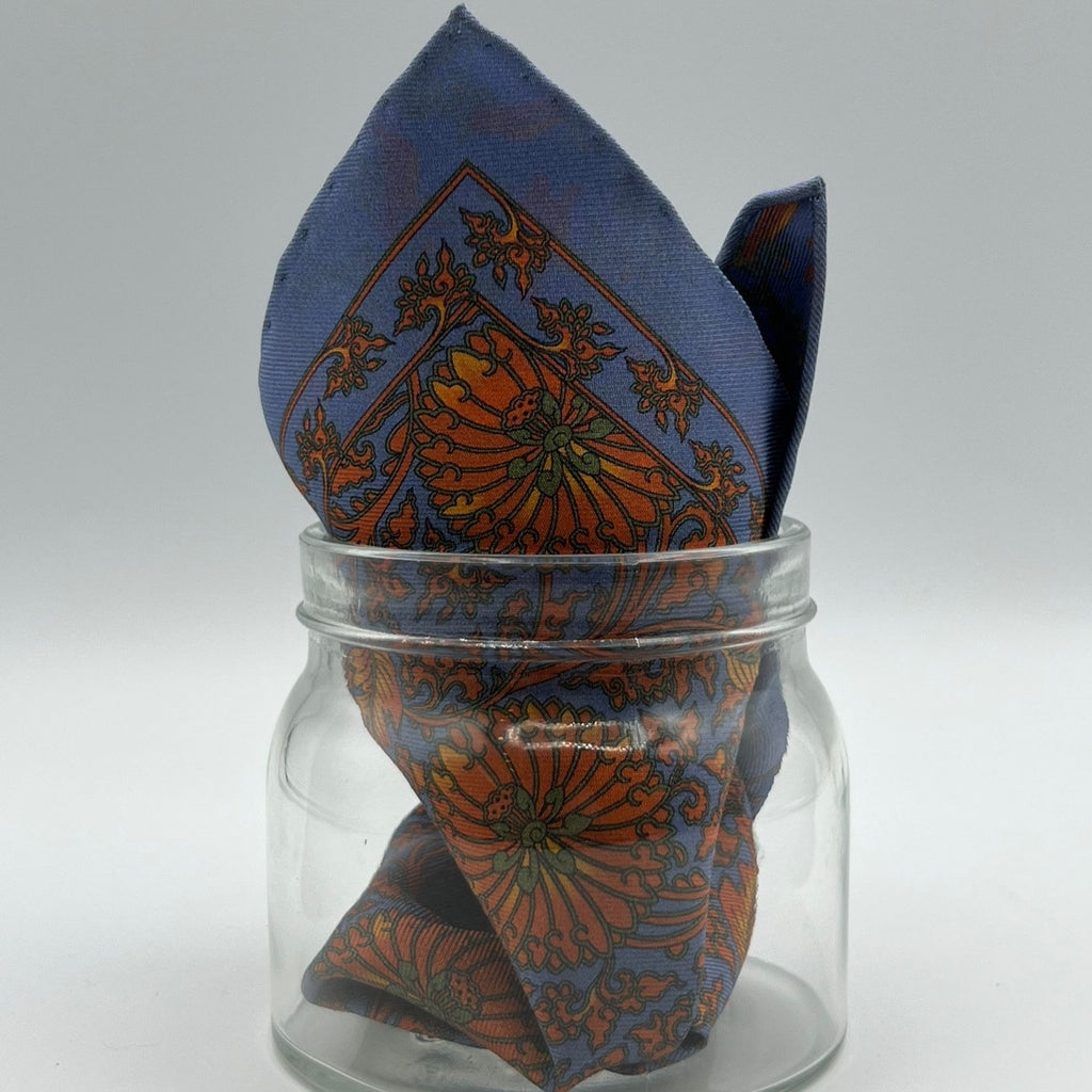 Cruciani & Bella - Silk - Light Blue, Orange Double Patterned Motif Pocket Square