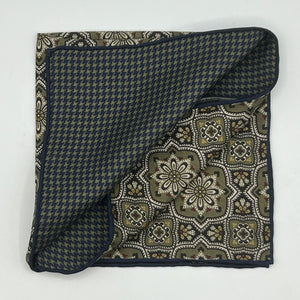 Holliday & Brown Hand-rolled   Holliday & Brown for Cruciani & Bella 100% Silk Olive Green, Blue, Off White Double Faces Patterned  Motif  Pocket Square Handmade in Italy 32 cm X 32 cm