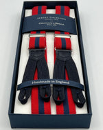 Albert Thurston for Cruciani & Bella Made in England Adjustable Sizing 25 mm elastic braces Red, Blue Stripes  Braid ends Y-Shaped Nickel  Fittings Size: XL