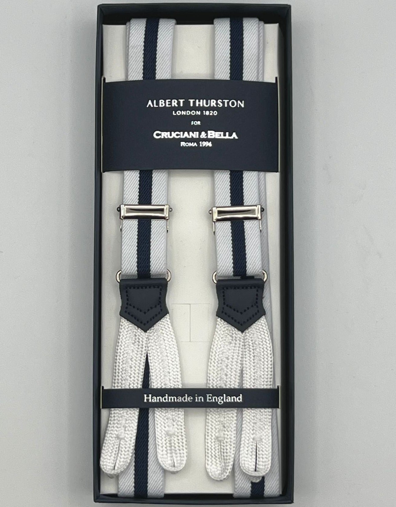 Albert Thurston for Cruciani & Bella Made in England Adjustable Sizing 25 mm elastic braces White, Blue Stripes  Braid ends Y-Shaped Nickel  Fittings Size: XL