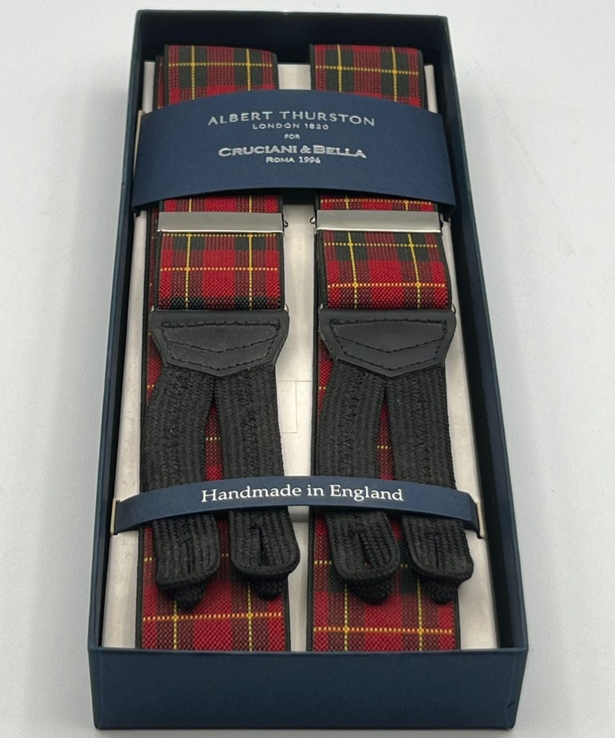 Albert Thurston for Cruciani & Bella Made in England Adjustable Sizing 35 mm elastic  braces Light Red Tartan Braid ends Y-Shaped Nickel Fittings Size: XL