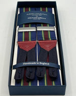 Albert Thurston for Cruciani & Bella Made in England Adjustable Sizing 40 mm Woven Barathea  Blue, Red Wine, Green and Yellow Stripes  Motif  Braces Y-Shaped Nickel Fittings MULTIFIT