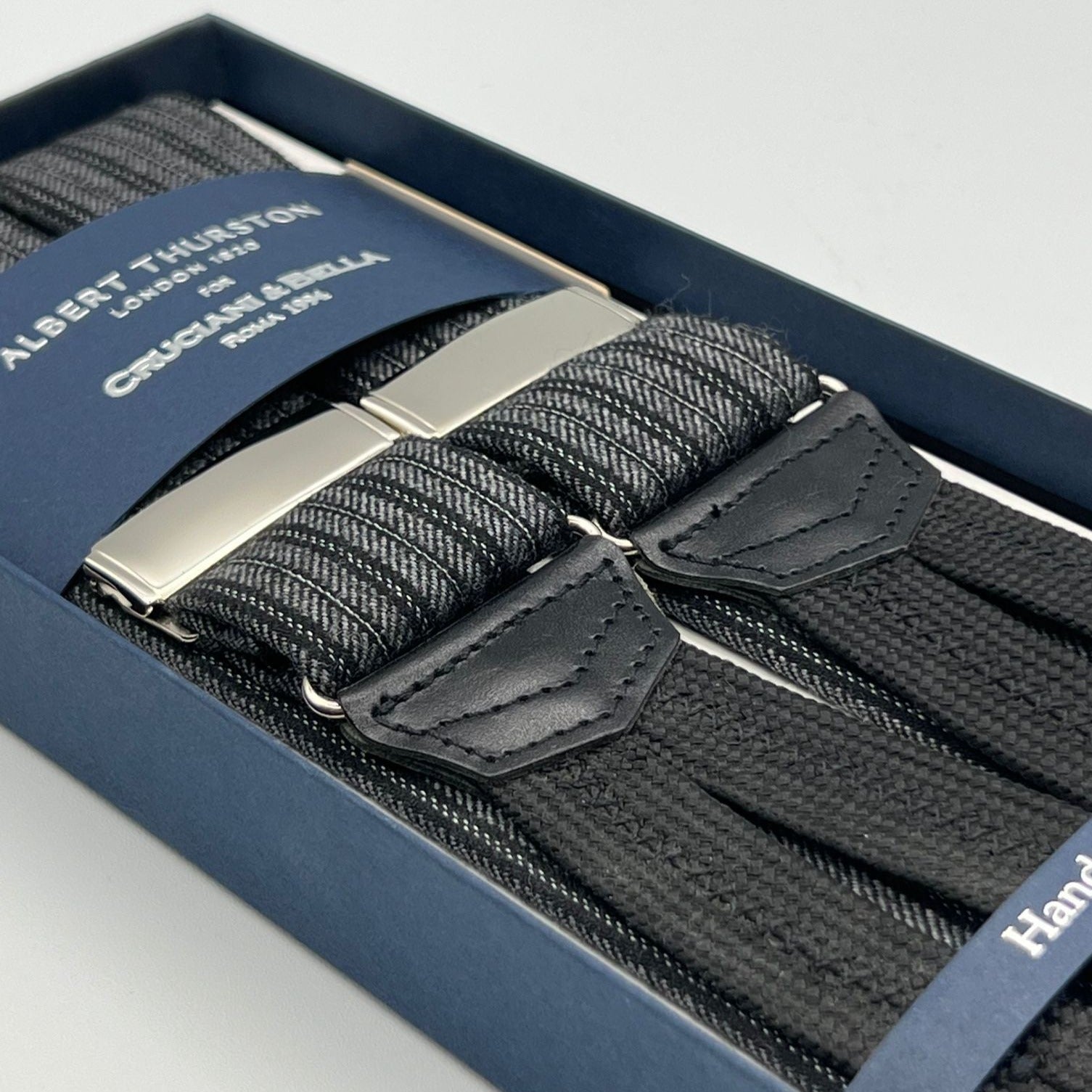 Albert Thurston for Cruciani & Bella Made in England Adjustable Sizing 40 mm braces 100% Wool Black and Grey Stripes Motif Braid ends Y-Shaped Nickel Fittings XL