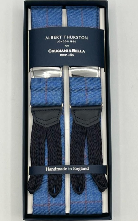 Albert Thurston for Cruciani & Bella Made in England Adjustable Sizing 40 mm braces Suit Linen Series Light Blue, Rust Square Braid ends Y-Shaped Nickel Fittings MULTIFIT