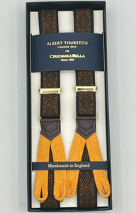 Albert Thurston for Cruciani & Bella Made in England Adjustable Sizing 25 mm elastic braces Black, Brown Patterned Braid ends Y-Shaped Gold Fittings Size: XL