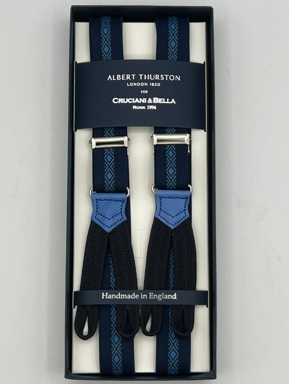 Albert Thurston for Cruciani & Bella Made in England Adjustable Sizing 25 mm elastic braces Blue, Light Blue Motif Braid ends Y-Shaped Nickel  Fittings Size: L