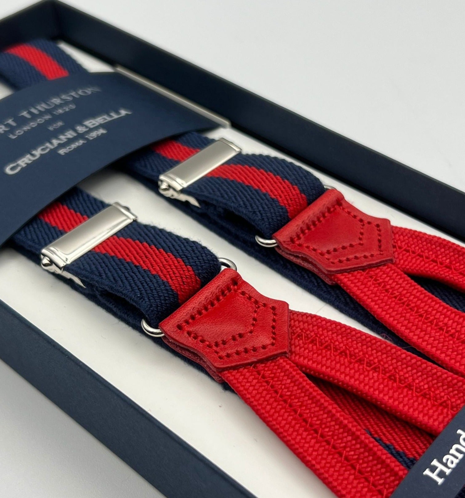 Albert Thurston for Cruciani & Bella Made in England Adjustable Sizing 25 mm elastic braces Blue, Red Stripes  Braid ends Y-Shaped Nickel  Fittings Size: XL