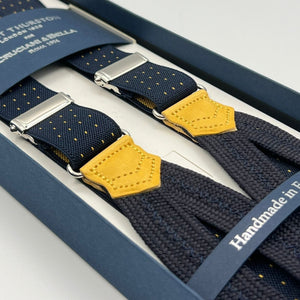 Albert Thurston for Cruciani & Bella Made in England Adjustable Sizing 25 mm elastic braces Blue, Yellow Pin Point Braid ends Y-Shaped Nickel Fittings Size: XL