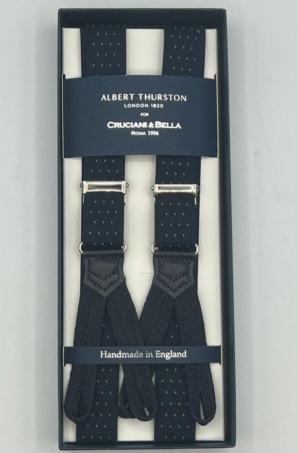 Albert Thurston for Cruciani & Bella Made in England Adjustable Sizing 25 mm elastic braces Blue and Gold Dots Braid ends Y-Shaped Nickel Fittings Size: XL