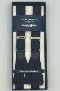 Albert Thurston for Cruciani & Bella Made in England Adjustable Sizing 25 mm elastic braces Blue and Gold Dots Braid ends Y-Shaped Nickel Fittings Size: XL