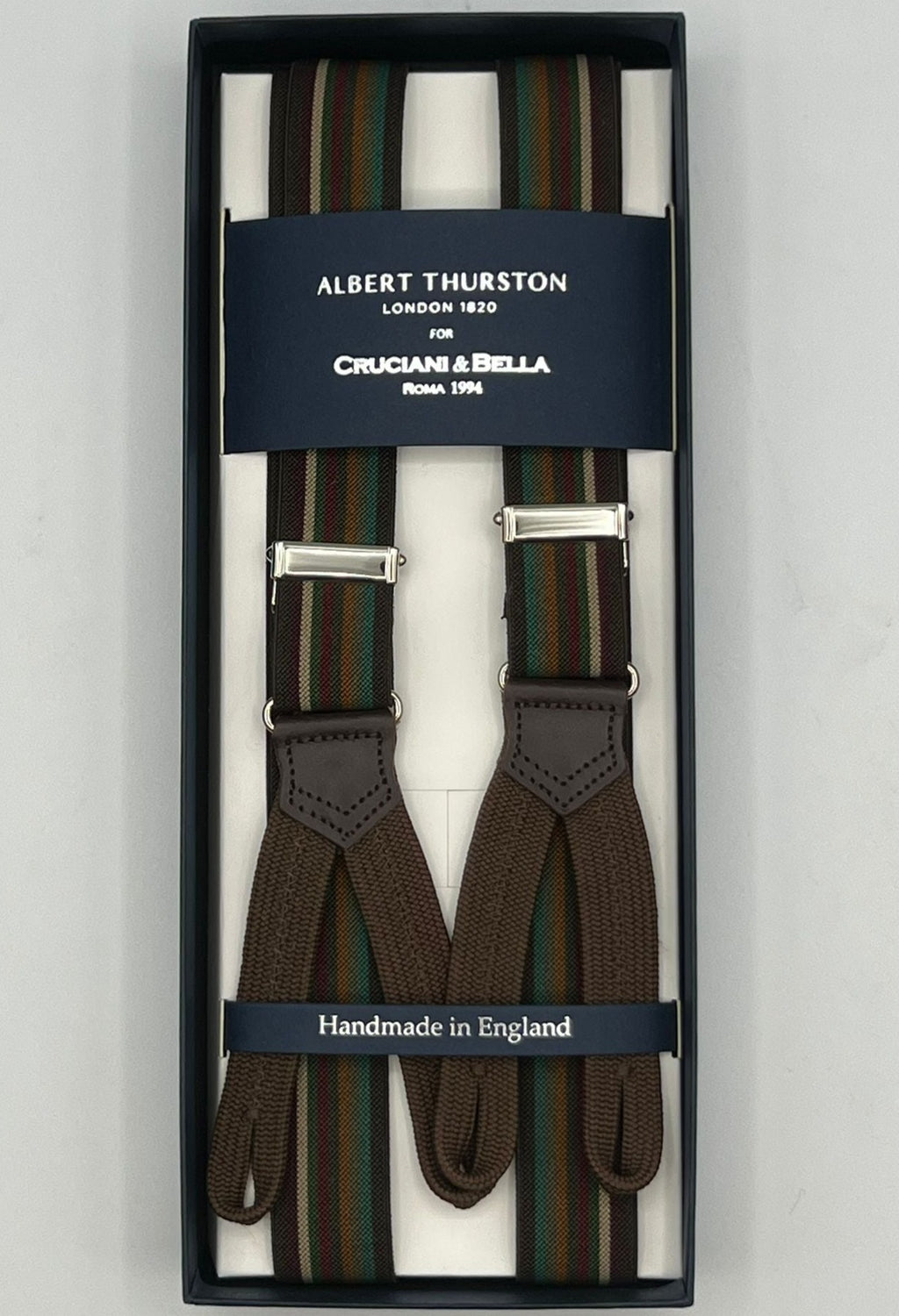 Albert Thurston for Cruciani & Bella Made in England Adjustable Sizing 25 mm elastic braces Brown, Multicolor Stripes  Braid ends Y-Shaped Nickel  Fittings Size: XL