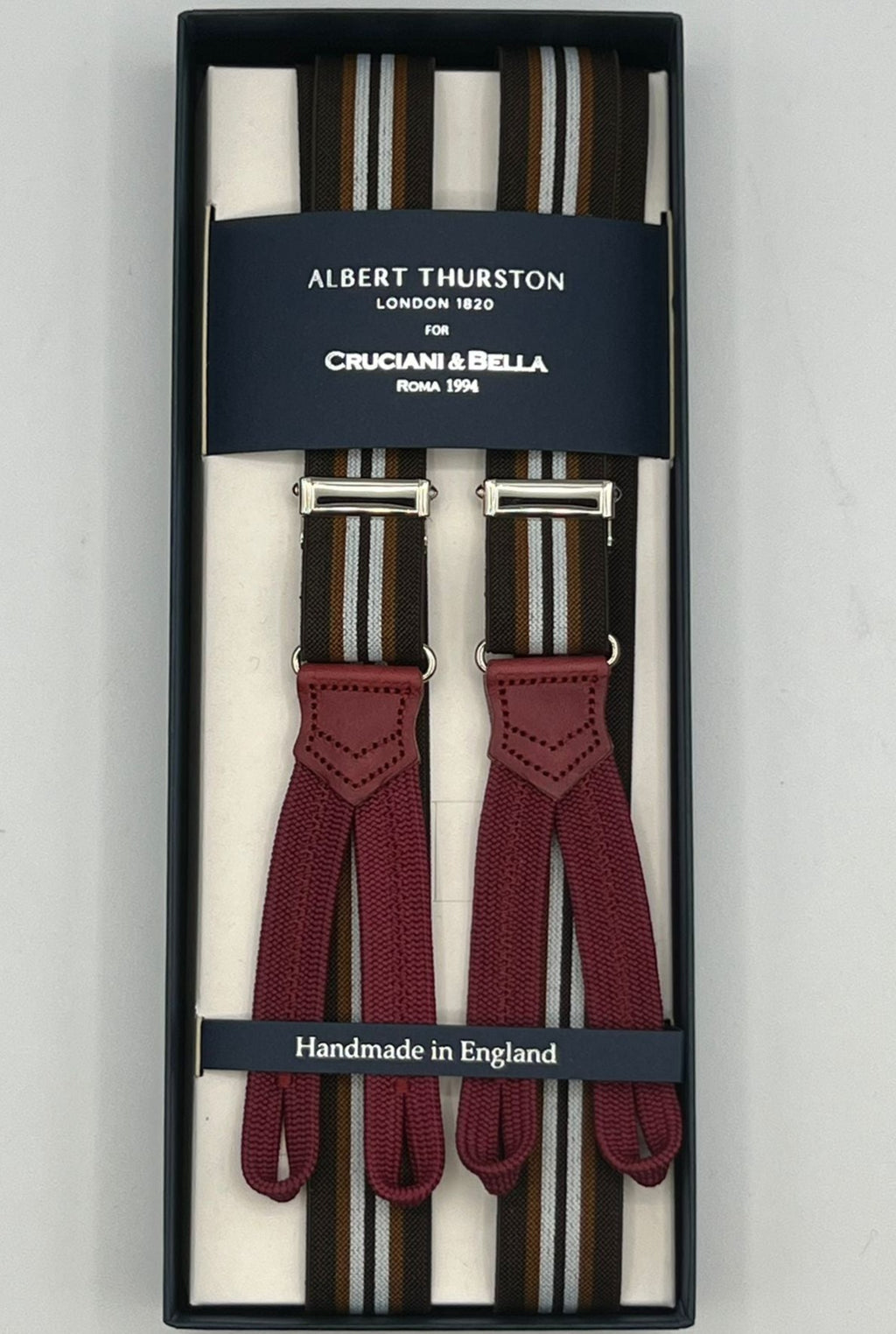 Albert Thurston for Cruciani & Bella Made in England Adjustable Sizing 25 mm elastic braces Brown, Ocra and white Stripes  Braid ends Y-Shaped Nickel  Fittings Size: XL
