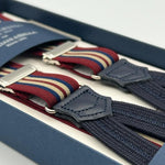 Albert Thurston for Cruciani & Bella Made in England Adjustable Sizing 25 mm elastic braces Burgundy and Blue Stripes Braid ends Y-Shaped Nickel Fittings Size: XL
