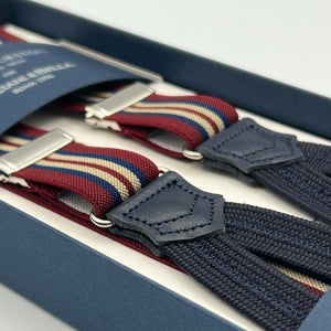 Albert Thurston for Cruciani & Bella Made in England Adjustable Sizing 25 mm elastic braces Burgundy and Blue Stripes Braid ends Y-Shaped Nickel Fittings Size: XL