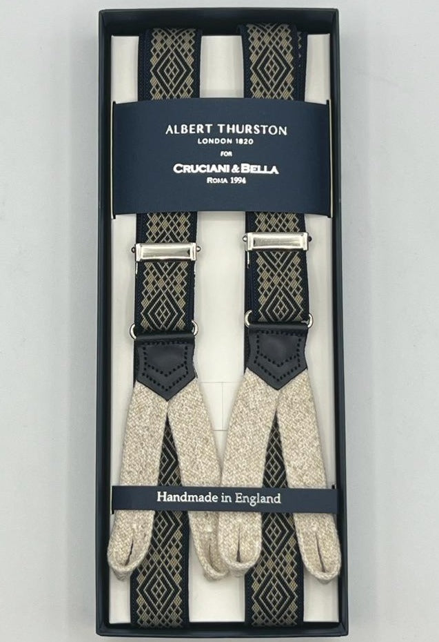 Albert Thurston for Cruciani & Bella Made in England Adjustable Sizing 25 mm elastic braces Dark Blue, Beige Patterned Braid ends Y-Shaped Nickel Fittings Size: XL