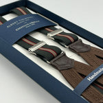 Albert Thurston for Cruciani & Bella Made in England Adjustable Sizing 25 mm elastic braces Dark Military Green, Red and Beige Stripes  Braid ends Y-Shaped Nickel  Fittings Size: XL