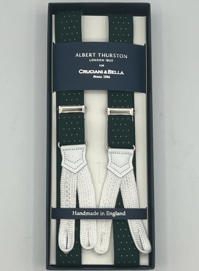 Albert Thurston for Cruciani & Bella Made in England Adjustable Sizing 25 mm elastic braces Green and White Dots Braid ends Y-Shaped Nickel Fittings Size: XL