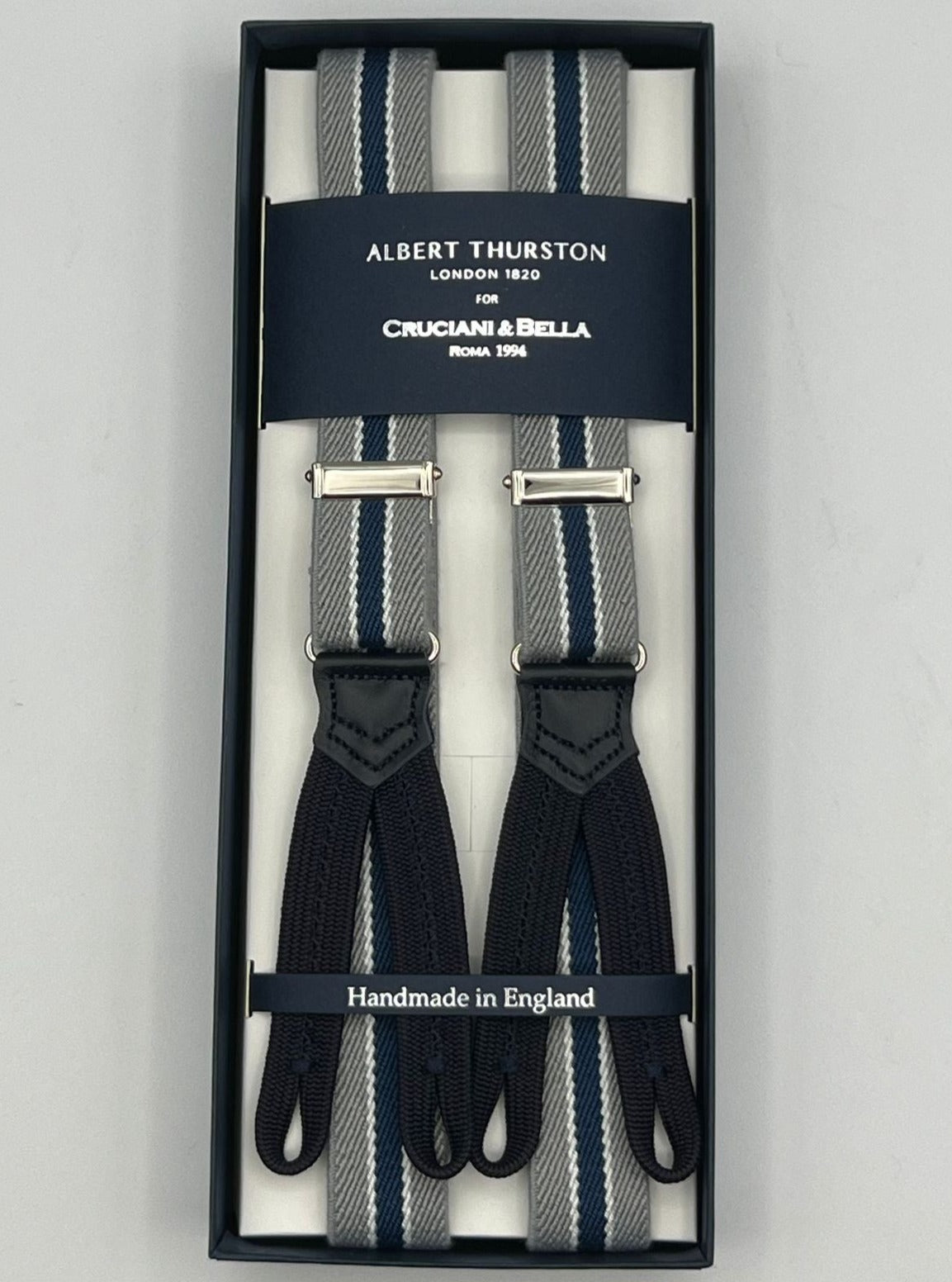 Albert Thurston for Cruciani & Bella Made in England Adjustable Sizing 25 mm elastic braces Light Grey, Bleu and White Stripes  Braid ends Y-Shaped Nickel  Fittings Size: XL