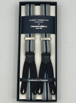 Albert Thurston for Cruciani & Bella Made in England Adjustable Sizing 25 mm elastic braces Light Grey, Bleu and White Stripes  Braid ends Y-Shaped Nickel  Fittings Size: XL