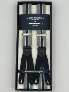 Albert Thurston for Cruciani & Bella Made in England Adjustable Sizing 25 mm elastic braces Light Grey, Bleu and White Stripes  Braid ends Y-Shaped Nickel  Fittings Size: XL