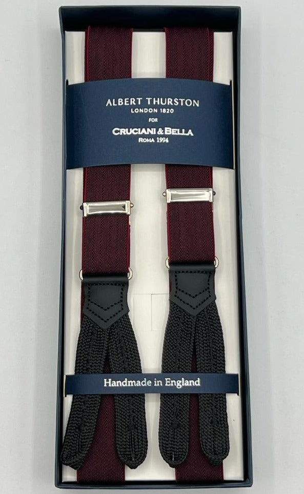 Albert Thurston for Cruciani & Bella Made in England Adjustable Sizing 25 mm elastic braces Red Wine Harringbone Braid ends Y-Shaped Nickel Fittings Size: XL