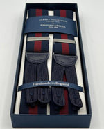 Albert Thurston for Cruciani & Bella Made in England Adjustable Sizing 35 mm Elastic Braces Blue, Red Wine Stripes Braid ends Y-Shaped Nickel Fittings Size: XL