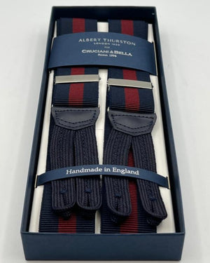 Albert Thurston for Cruciani & Bella Made in England Adjustable Sizing 35 mm Elastic Braces Blue, Red Wine Stripes Braid ends Y-Shaped Nickel Fittings Size: XL