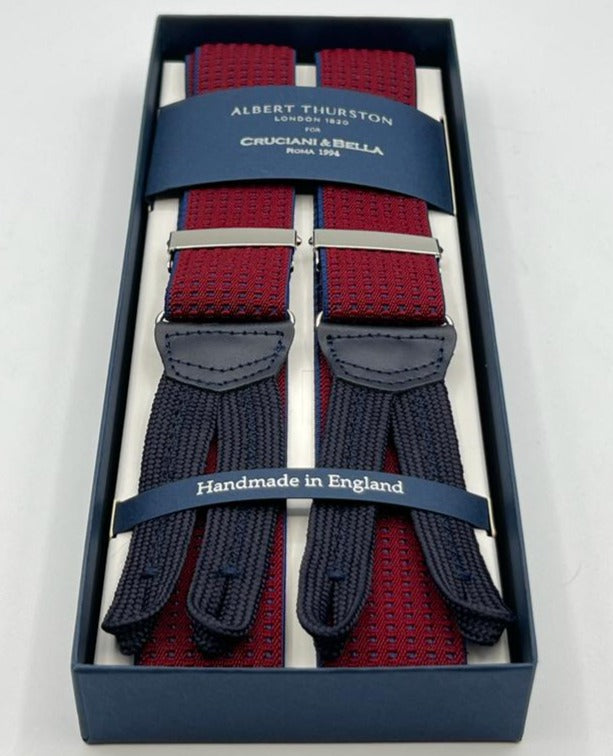 Albert Thurston for Cruciani & Bella Made in England Adjustable Sizing 35 mm Elastic Braces Red, Blue Pin Point Braces Braid ends Y-Shaped Nickel Fittings Size: XL