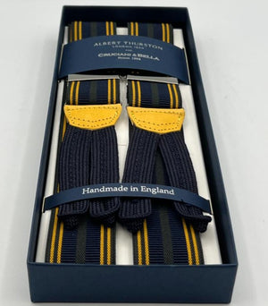 Albert Thurston for Cruciani & Bella Made in England Adjustable Sizing 35 mm Elastic Braces Blue, Yellow and Green Stripes Braid ends Y-Shaped Nickel Fittings Size: XL