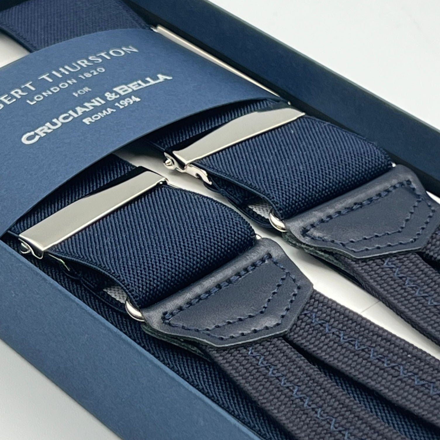 Albert Thurston for Cruciani & Bella Made in England Adjustable Sizing 35 mm Elastic Braces Dark Blue Braces Braid ends Y-Shaped Nickel Fittings Size: L