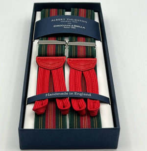 Albert Thurston for Cruciani & Bella Made in England Adjustable Sizing 35 mm Elastic Braces Grenn, Red and Yellow Stripes Braces Braid ends Y-Shaped Nickel Fittings Size: L