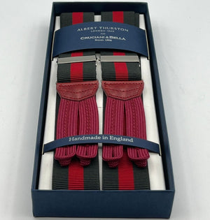 Albert Thurston for Cruciani & Bella Made in England Adjustable Sizing 35 mm Elastic Braces Green and Red Stripe Braces Braid ends Y-Shaped Nickel Fittings Size: L