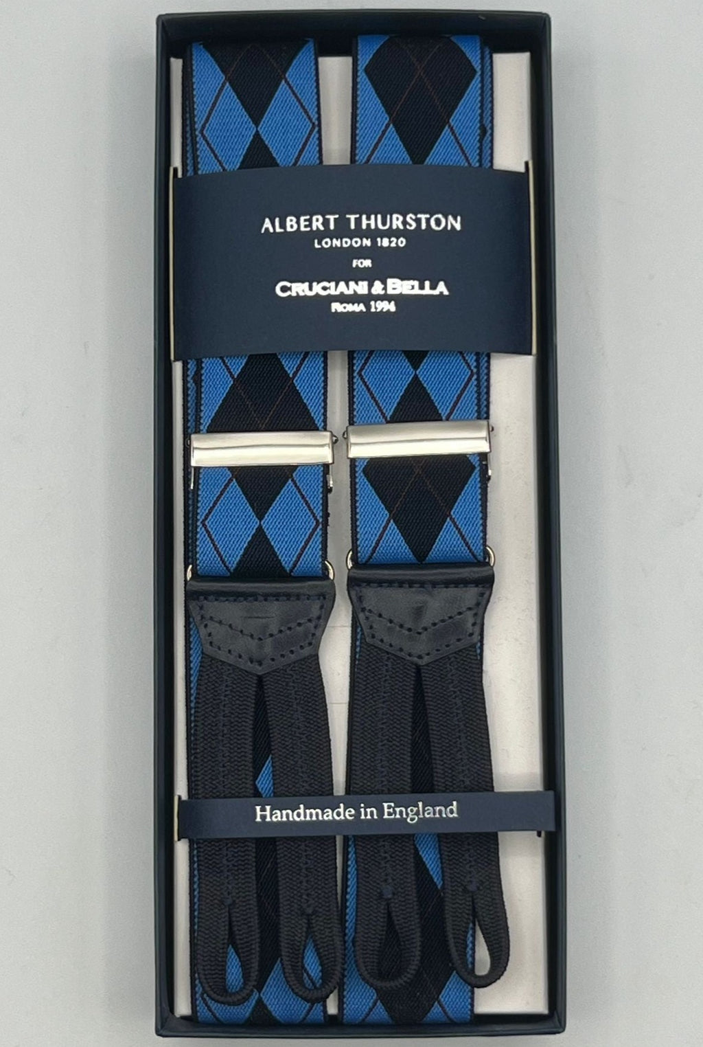 Albert Thurston for Cruciani & Bella Made in England Adjustable Sizing 35 mm Elastic Braces Light Blue, Blue and Brown Tartan Braces Braid ends Y-Shaped Nickel Fittings Size: L